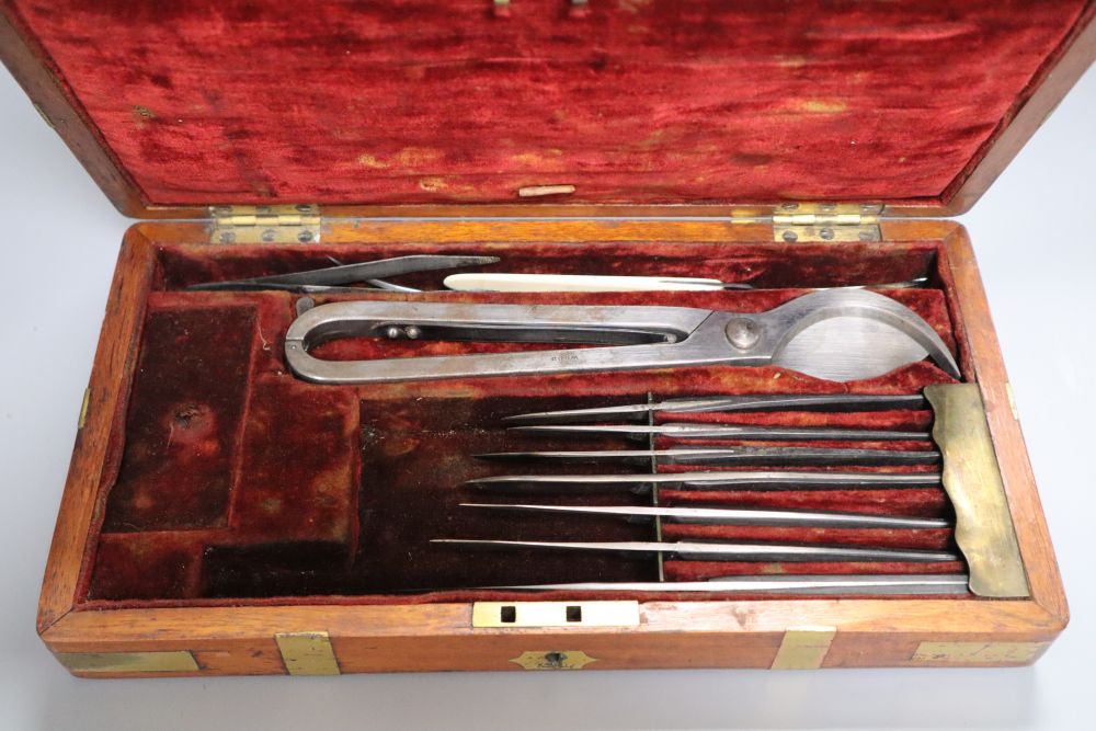 A mid 19th century mahogany and brass cased steel surgeons set, case 30cm